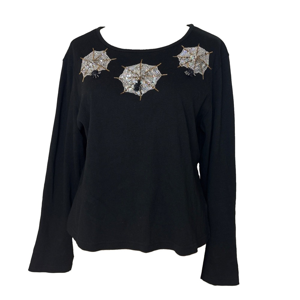 Jack B Quick Y2K Halloween top sz L beaded dangling spiders webs long sleeve blk